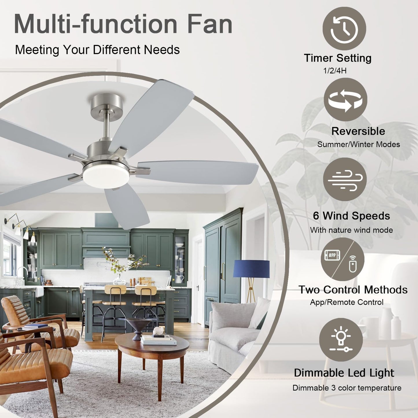 Nkpu Ceiling Fans With Lights, 52 Inch Low Profile Ceiling Fan With Light And Remote Control, 2 Downrods, Dc Reversible Motor, D