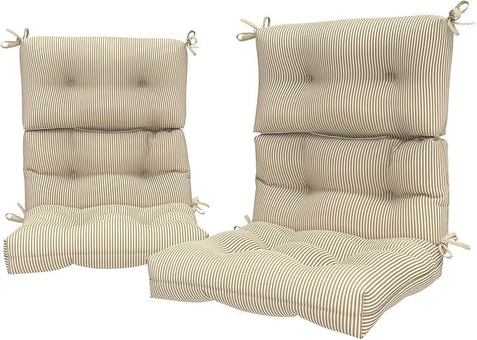 LVTXIII Outdoor Seat and Back Chair Cushion Patio Tufted High Back Cushion with Ties, Seasonal Replacement Rocking Chair Cushion for Home Office Garden Use, 44” L x 22” W, Set of 2, Stripe Beige