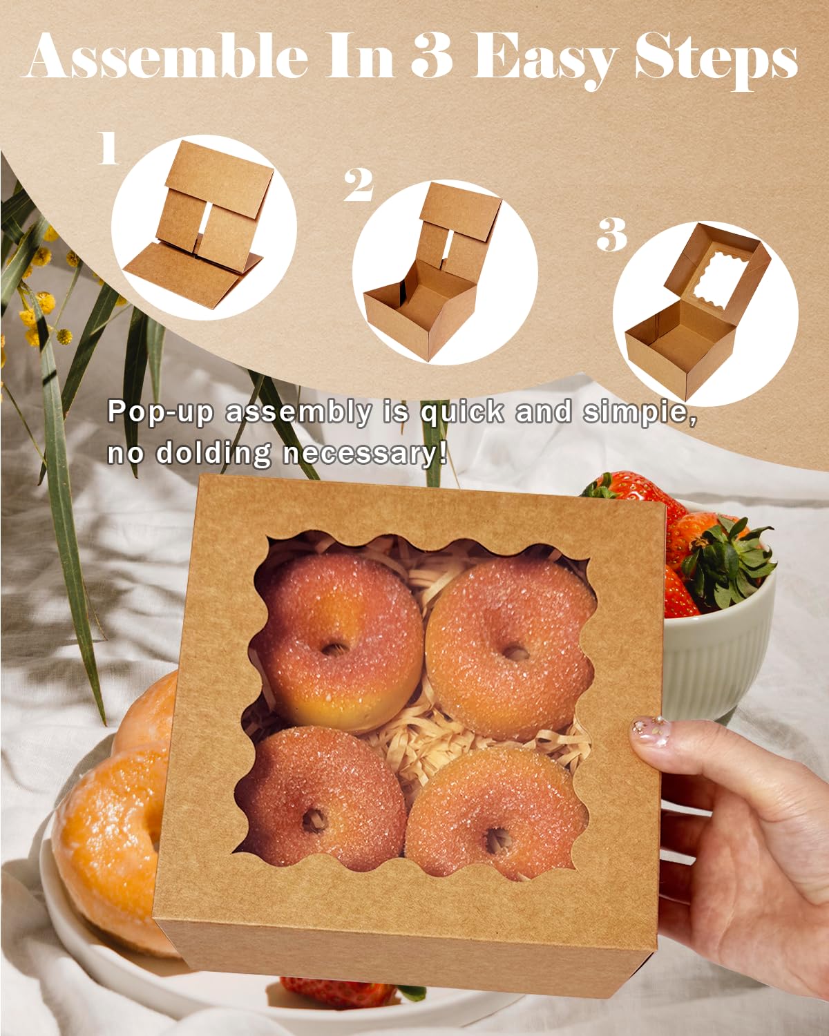 qiqee Auto-pop up 6x6x3 Inch Brown Cookie Box with Window 30Pcs Pastry Macaron Bakery Box For Packaging