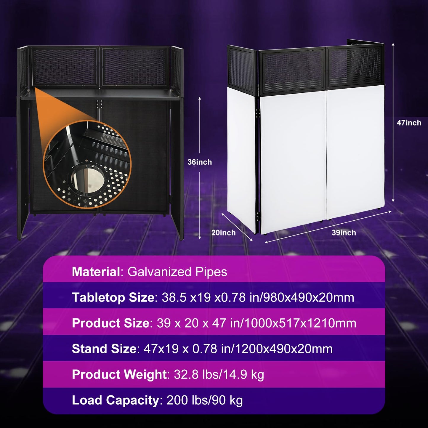 Portable Dj Booth Facade Stand | Foldable Dj Table With 38.5X19 Surface & Cable Hole | Includes Black/White Scrims & Carry Bag F