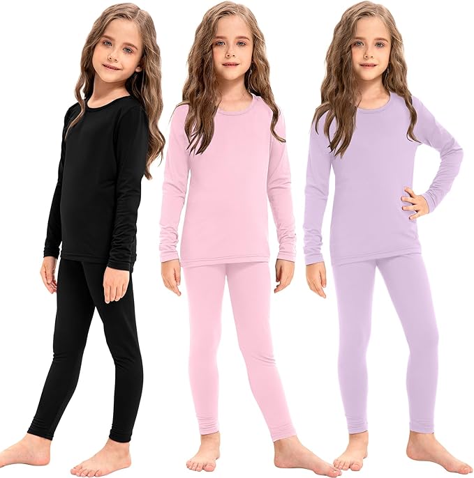 Silkfly 3 Set Girls Thermal Underwear Soft Winter Thermal Top and Bottom with Fleece Lined Base Layer for Girls