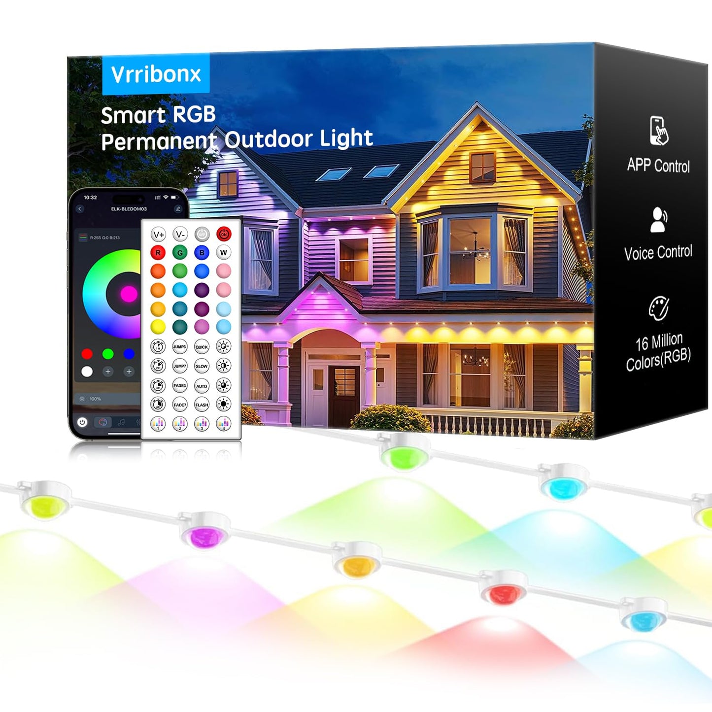 Vrribonx RGB Outdoor LED Lights 100FT Waterproof Smart Eaves Lights with App/Remote Control for Holiday Decor