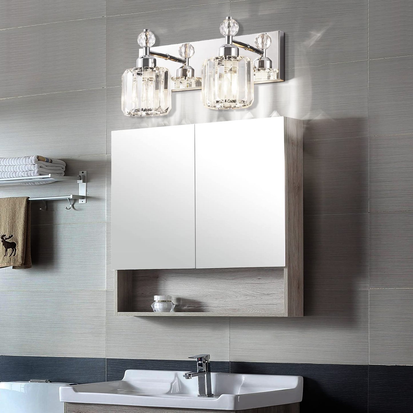 Presde 2-Light Chrome Bathroom Vanity Light - Modern Crystal Wall Sconce For Over Mirror Lighting