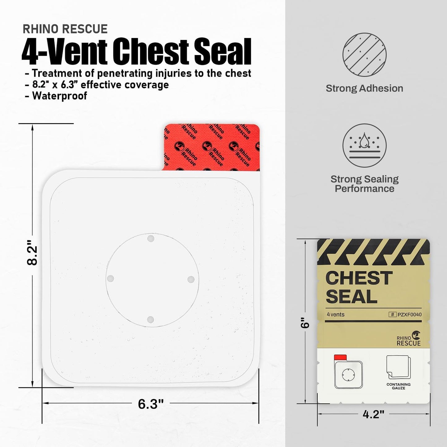 RHINO RESCUE Vented Chest Seal, 4 Vents, Sterile Emergency Trauma Dressing, Occlusive Adhesive Pad, IFAK Trauma Refill Medical First Aid Supplies for Wound Care, Gunshot Wound, Sucking Chest(6 Count)