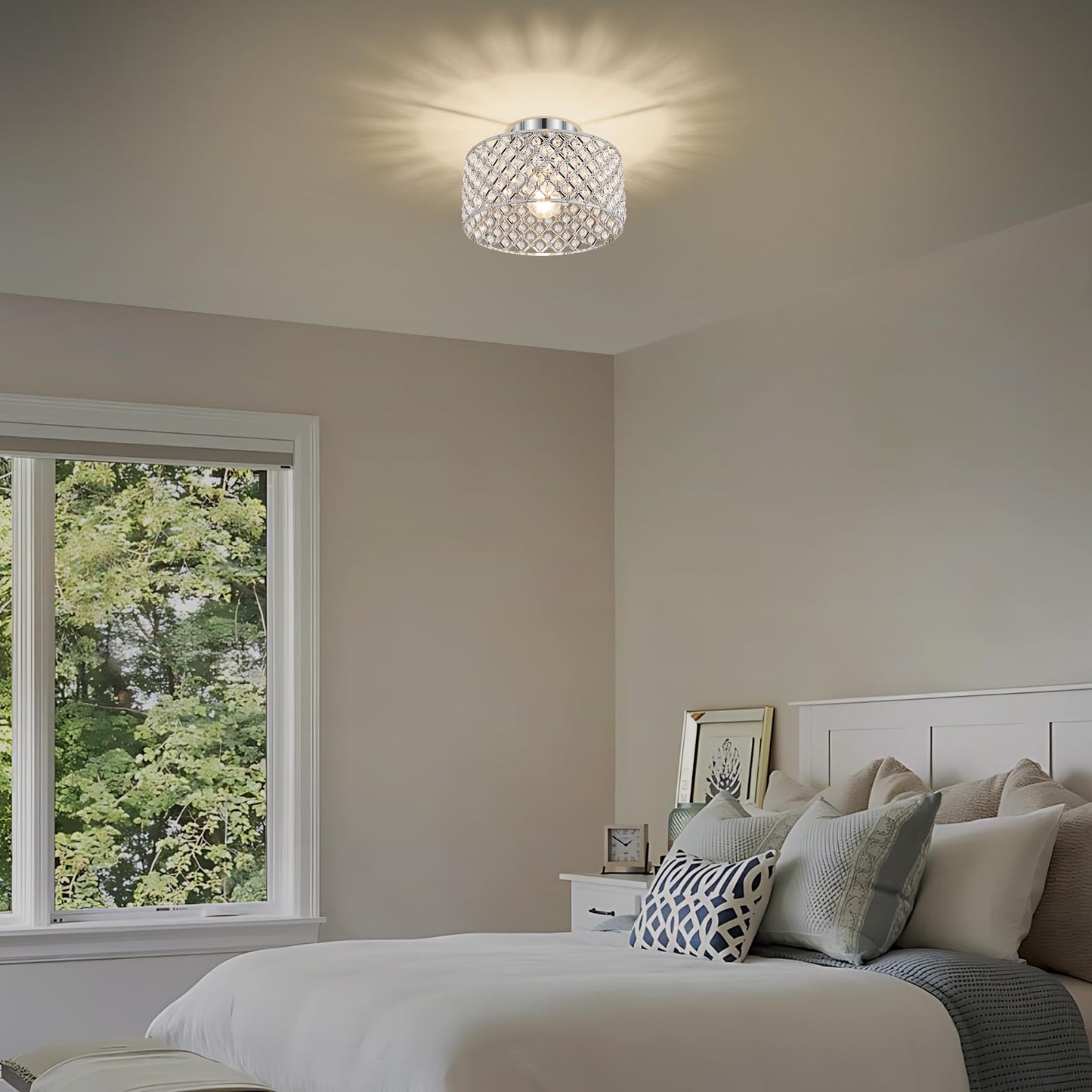 Bzvesr Chrome Crystal Ceiling Light Fixture Modern Semi Flush Mount Ceiling Lighting Fixture Round Small Chandelier For Dining Room  Hallway  Entryway  Kitchen  Bedroom Foyer 1 Light 11.2 Inch