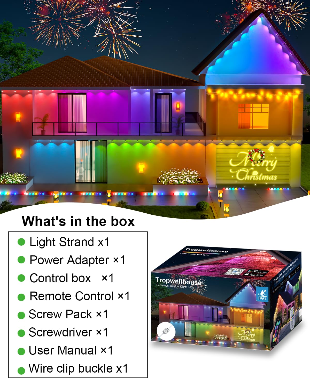 Tropwellhouse Permanent Outdoor Light Pro  50Ft With 36 Rgb+Ic Led Lights  90 Scene Modes  Ai Light Design  Ip67 Waterproof For Halloween Christmas Decor And Daily Lighting  Work With Alexa  Google