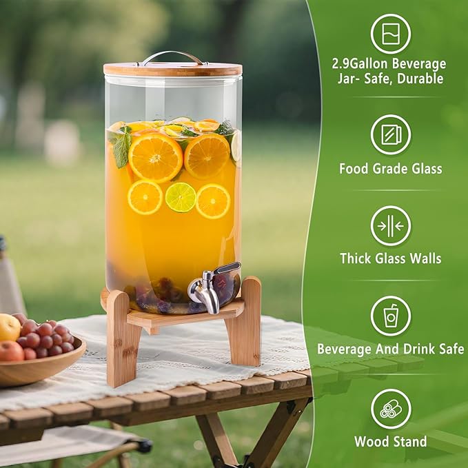 2.9 Gallon Drink Dispenser, Glass Beverage Dispenser with Wood Stand, Lemonade Dispenser with Airtight Valve and Stainless Steel Spigot Fruit, Thick Drink Dispenser for Parties Restaurants Hotels
