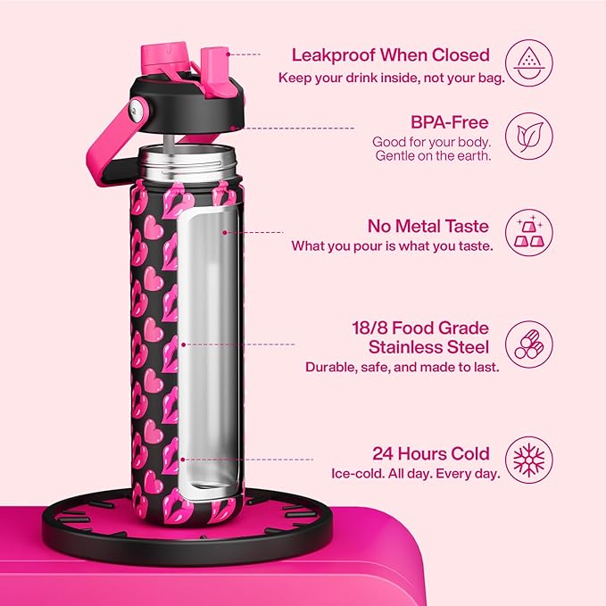 ENCOOL Valentine's Day Insulated Water Bottle with Straw Stainless Steel Water Bottle, Leak-Proof, BPA-Free, Keeps Cold for 24 Hours for Sports, Travel, School (26 oz, Kiss Love Pink x Black)