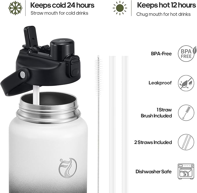 Half Gallon Insulated Water Bottle with 2-in-1 Lid (Chug Lid/Straw Lid), 40/64oz Double Walled Vacuum Stainless Steel Water Bottles, Water Jug with Straw