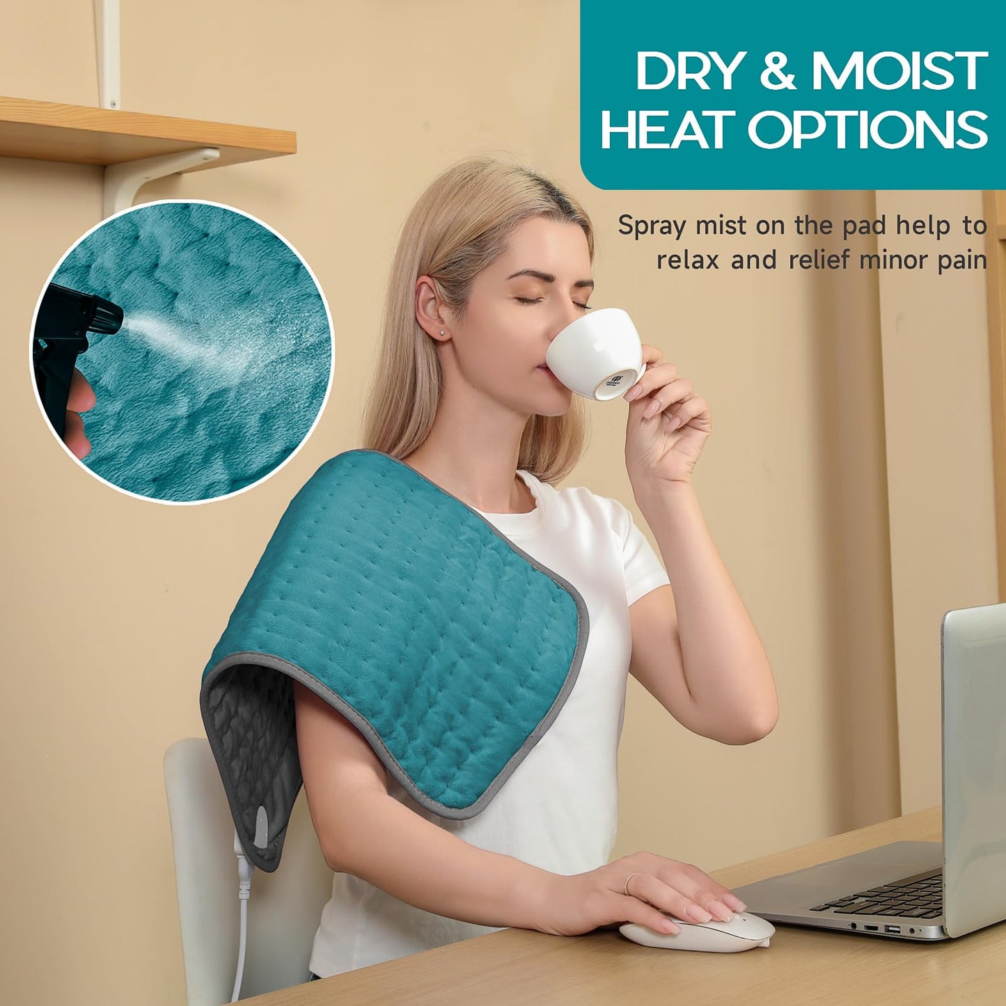 Heating Pad for Period Cramps, Heating Pad for Back/Neck/Shoulder Muscle Pain, 6 Heating & 4 Timer Setting, Auto Shut Off, Moist Heat & Machine Washable, Birthday Christmas Gifts for Women Mom, Cyan