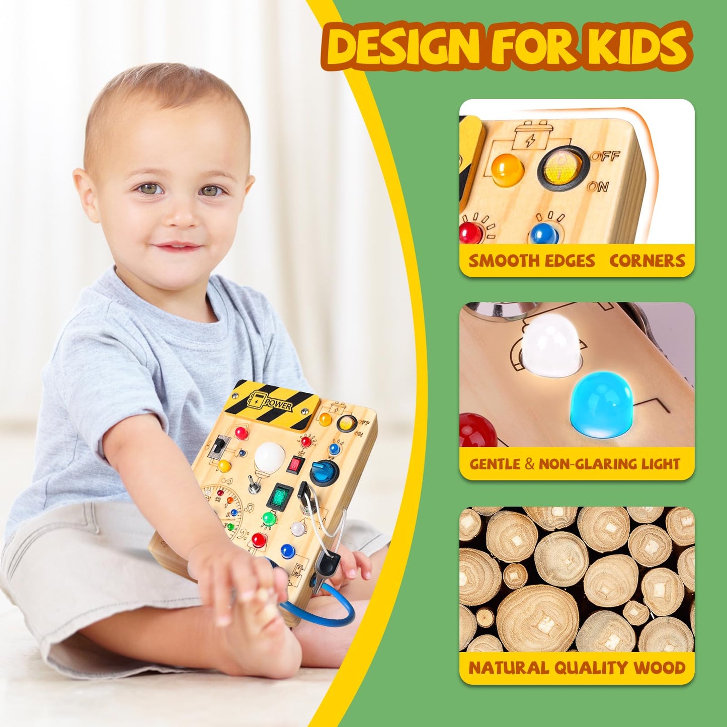 Iabedi Busy Board, Montessori Toy for 1-3 Years Old, Wooden Toddler Sensory Travel Toy, Ideal Gift for 1+ Year Old Boys (Busy Board Plus V2), Medium, Yellow