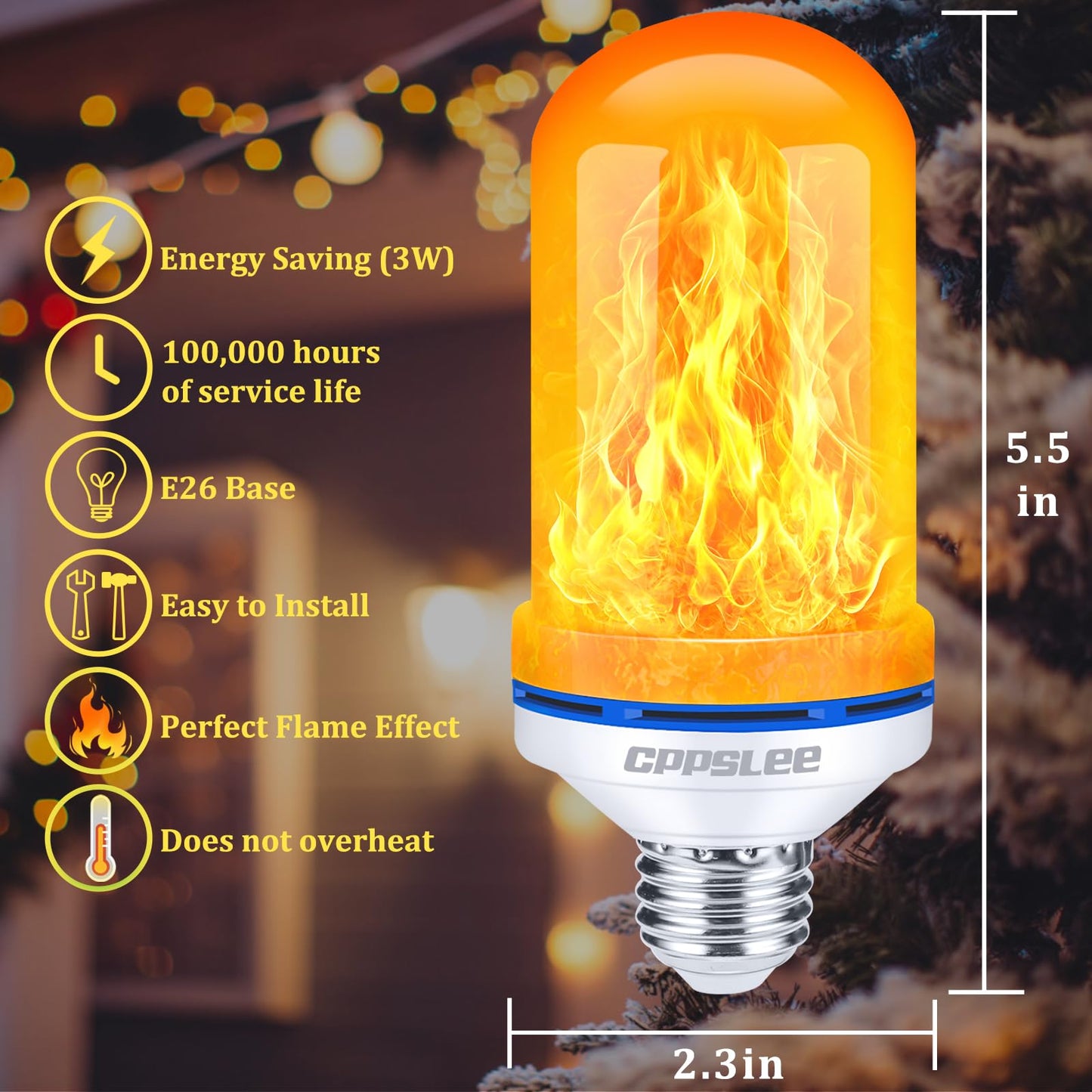 CPPSLEE Upgraded LED Flame Light Bulbs, 4 Modes Flickering Light Bulbs, E26 Base Fire Flame Bulb for Christmas Decorations Outdoor, Halloween Lights Patio Indoor Home Decor (Yellow, 2 Pack)