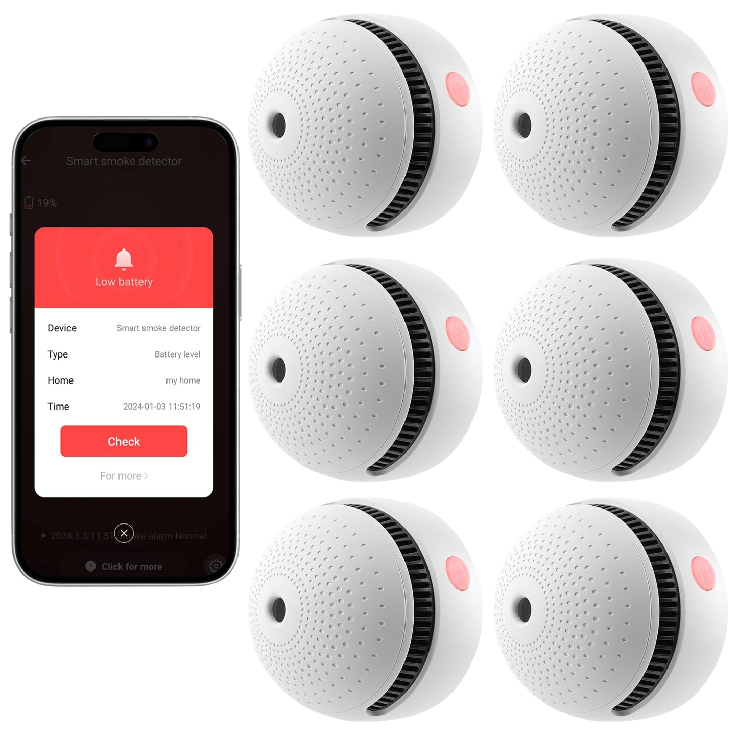 6-Pack Smart Smoke Detector with 10-Year Battery(Replaceable),Wi-Fi Smoke Detector with Smart Life App Notifications,Mini Size Fire Alarm for Home,RV,Easy Install