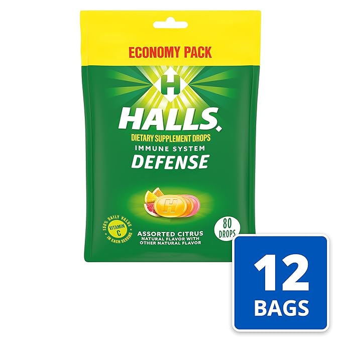 HALLS Defense Assorted Citrus Vitamin C Drops, Dietary Supplement Drops, Economy Pack, 12 Bags (960 Total Drops)