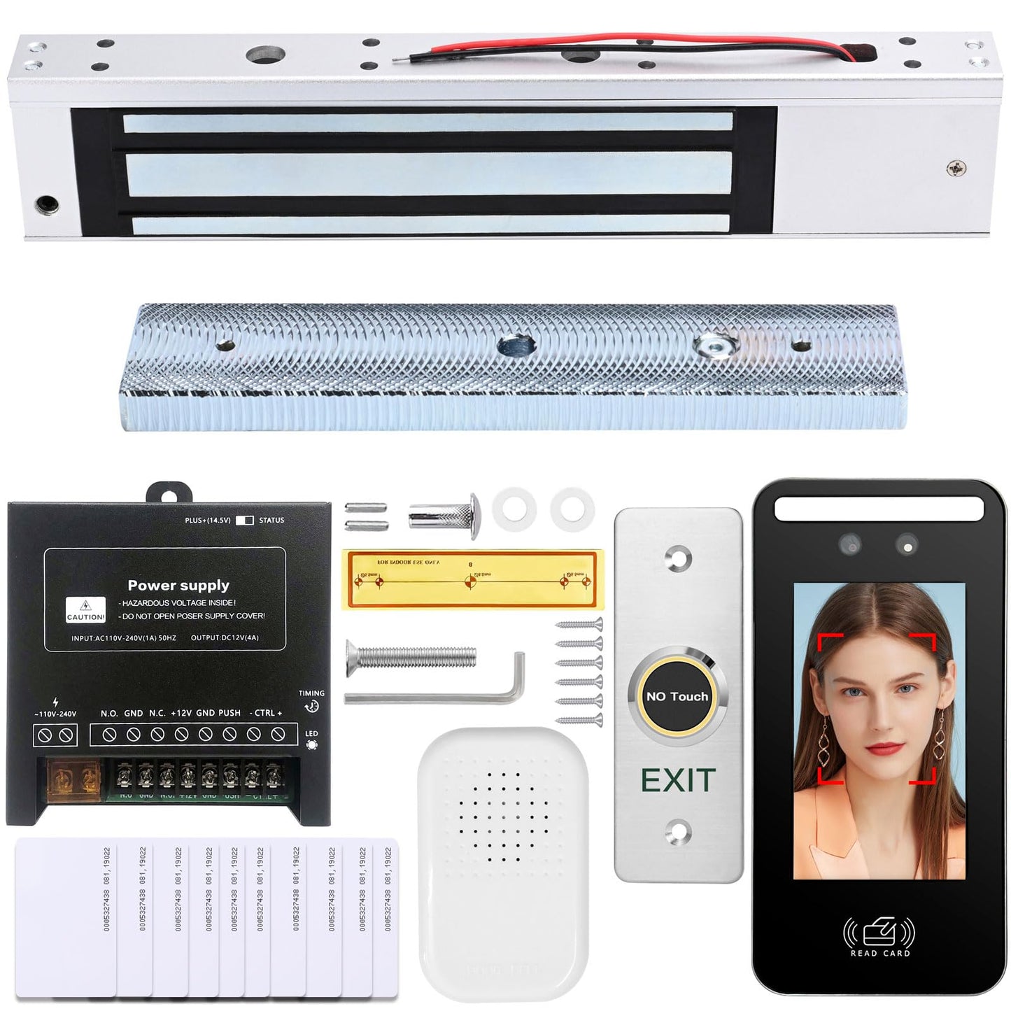 Facial Recognition Access Control System Kit w/5" Screen & 1.3MP Camera, 600lbs Magnetic Lock, Keypad/RFID Entry, AC110V-DC12V Power & Infrared Switch for Home/Business (J60-600LBS Face ID Kit)
