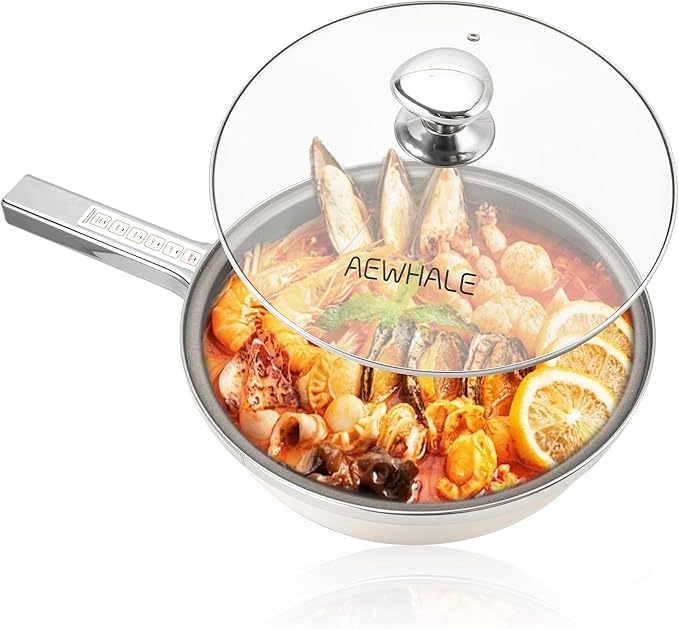 AEWHALE Hot Pot Electric,5L Multifunctional Electric Pot for Cooking,1600W Non-Stick Frying Pans for Steak, Egg, Ramen, Soup with Temperature Adjustment， Titanium Stainless