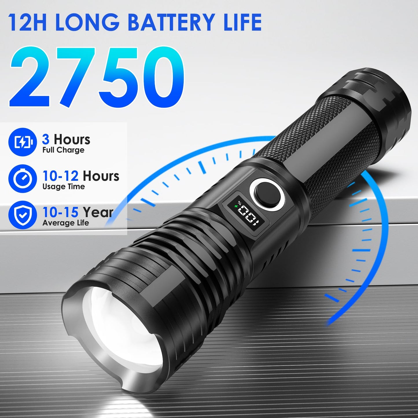 QOPOYU Tactical Flashlight 90,000 Lumen Rechargeable IPX7 Waterproof Aluminum Black Model T90YJ