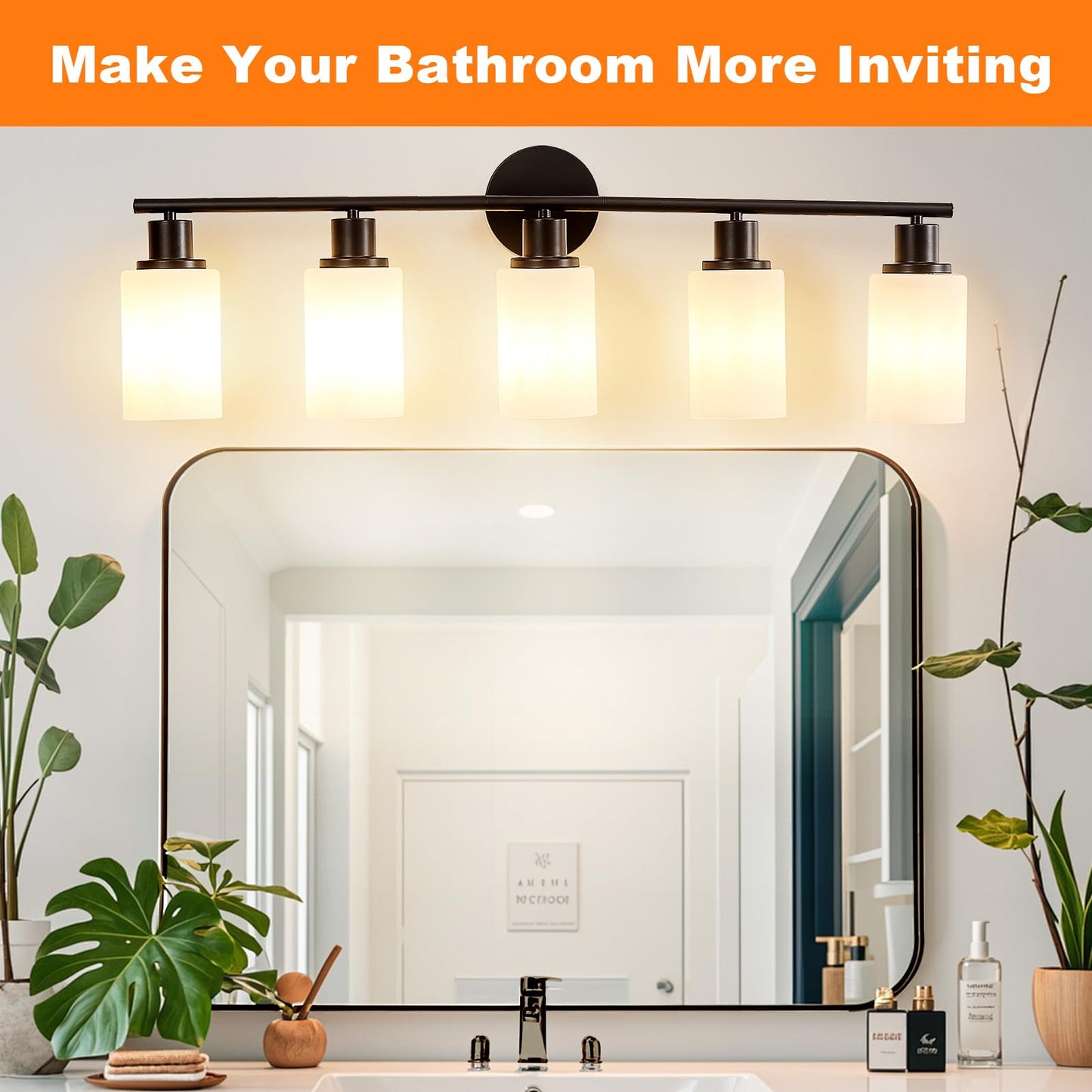 DINGLILIGHTING 5-Light Bathroom Light Fixtures, Black Metal Vanity Lights, Milky White Glass Shade, Modern Design