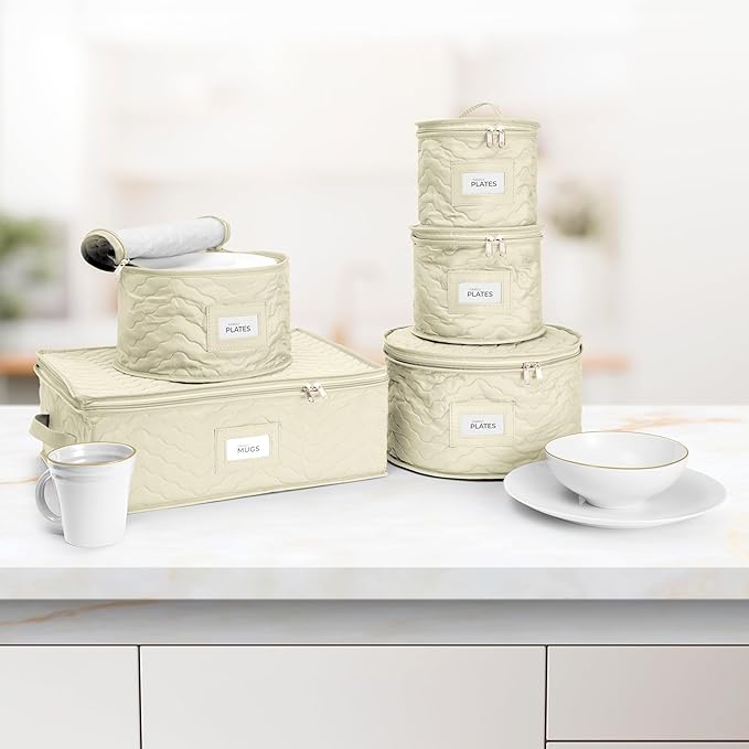 Sorbus China Storage Containers - 5 Pc Quilted Set for Moving & Transporting Dinnerware, Dishes, Round Plates, Glassware, Cups & Mugs with Felt Plate Protectors - Fine China Glass, Plate Storage Cases