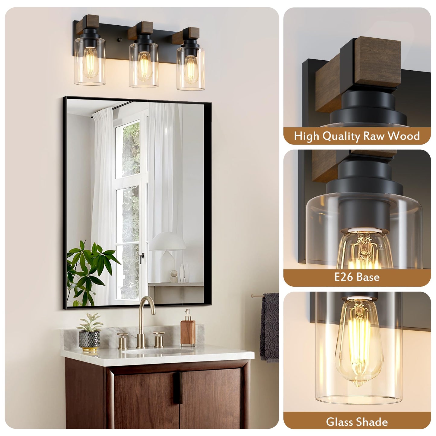 Farmhouse Bathroom Vanity Light Fixtures  Rustic 3-Light Wood Vanity Lights For Bathroom  Vintage Black Wall Sconces Lighting  Light Fixtures Over Mirror  With Glass Shade