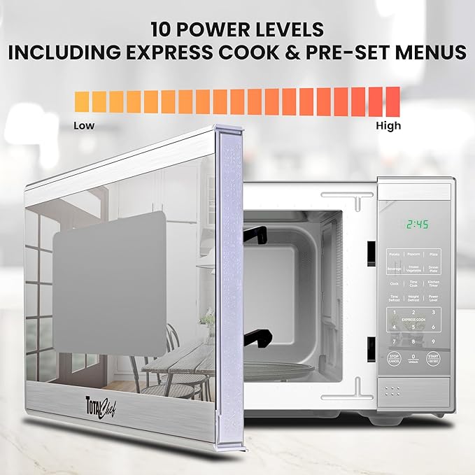 Total Chef 0.7 Cu Ft Microwave Oven - Countertop Small Kitchen Appliance, Stainless Steel Microwave with Digital Touch, Pre-Set Functions, 10” Turntable, 700 Watt