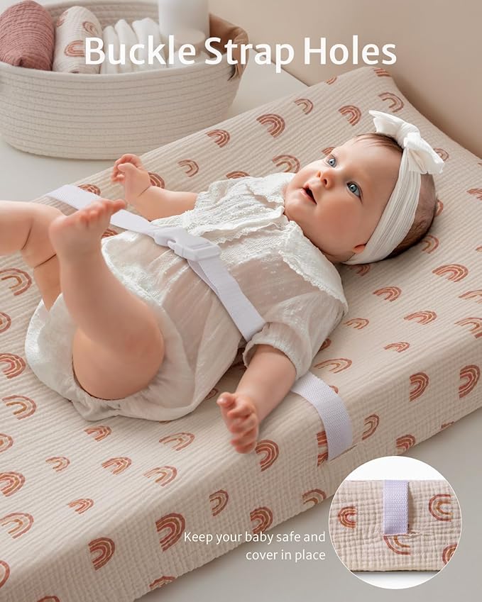 Blissful Diary Muslin Changing Pad Cover for Girls Boys, Ultra Soft Breathable Cotton, Baby Diaper Change Table Pad Covers, 2Pack (Dusty Pink&Rainbow)