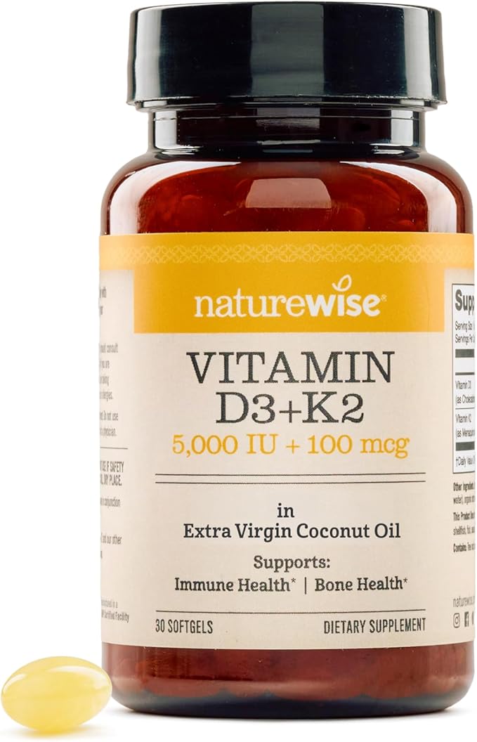NatureWise Vitamin D3 5000IU + K2 (MK7) 100mcg with Organic Extra Virgin Coconut Oil - Supports Calcium Absorption, Bone & Immune Health - Non-GMO, Soy & Gluten-Free - 30 Softgels[30-Day Supply]