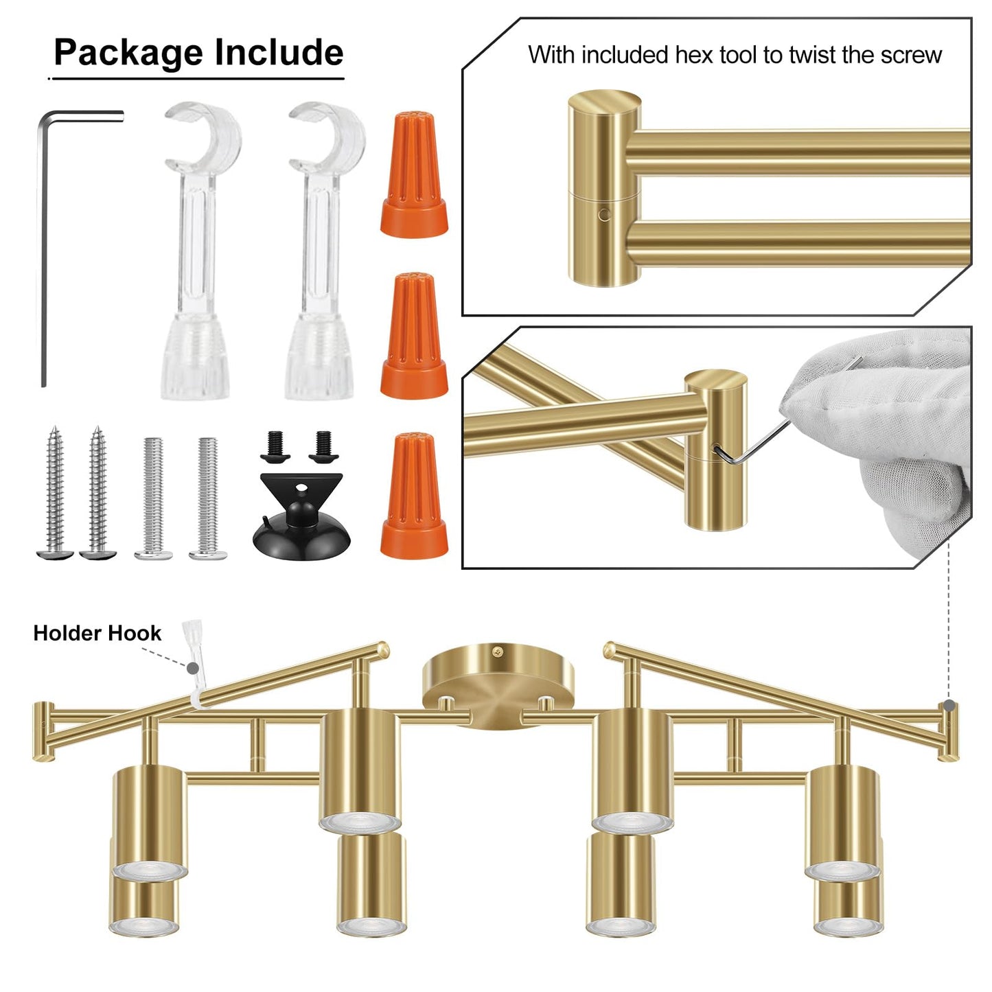 Auquee 8 Light Track Lighting Fixtures Ceiling  Gold Kichen Track Lighting Fixtures  Rotatable Light Heads  Adjustable Modern Led Track Lights For Kitchen/Hallway  No Gu10 Bulb