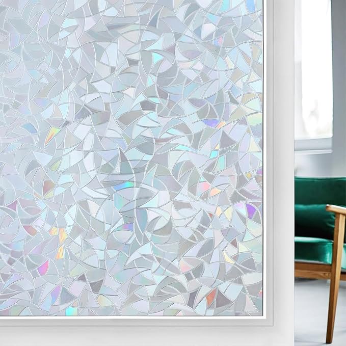 rabbitgoo Window Privacy Film Rainbow Film Decorative Window Sticker, 3D Static Stained Glass Cling Tint for Home Heat Control Non-Adhesive, Grayish Silver, 35.4 x 157.4 inches