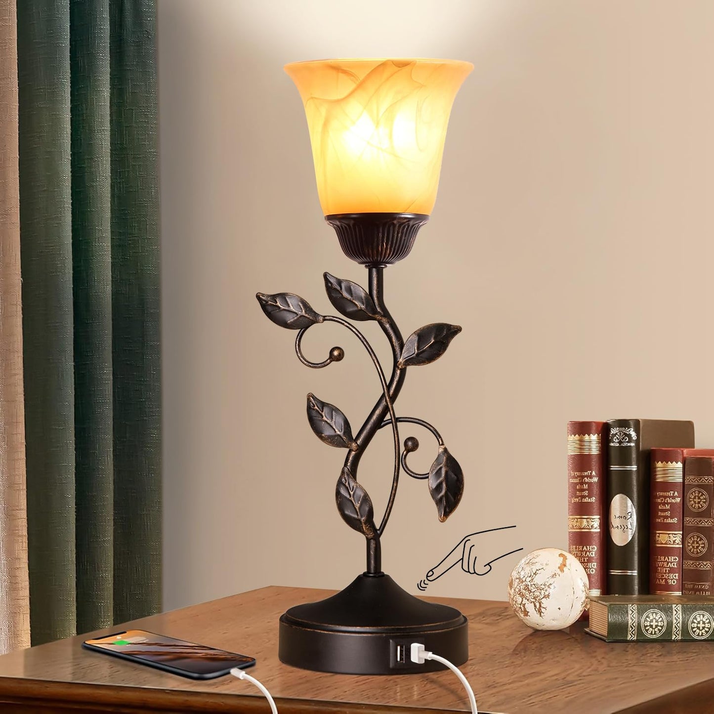 RORIANO Touch Control Table Lamp, 3-Way Dimmable, Amber Glass Shade, Metal Leaf, Bronze Finish, Model TT-8832-MM