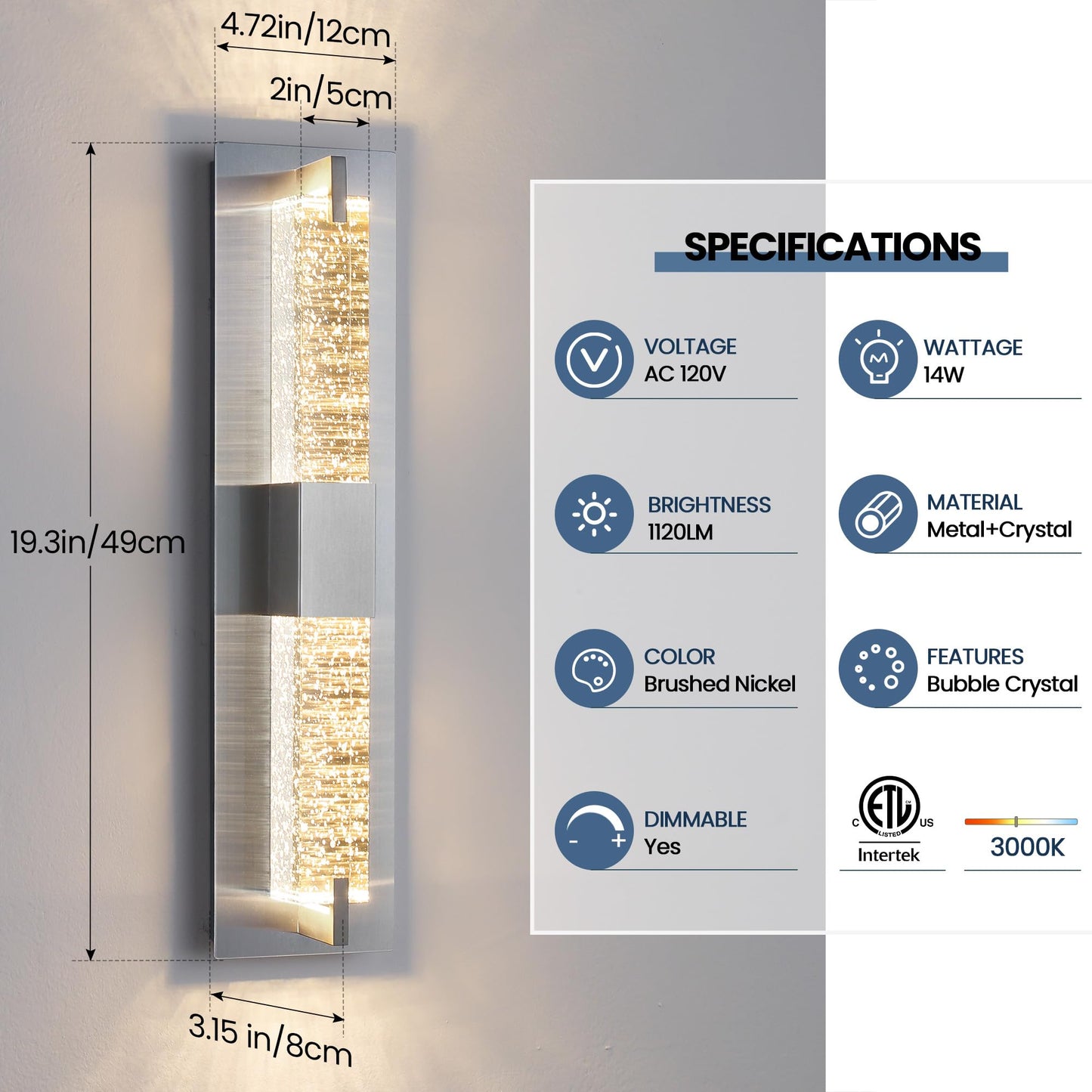 Woshitu Led Wall Sconce Light: 19 Inch Nickel Modern Sconces Wall Lighting 3000K Dimmable Crystal Wall Lamps Indoor Bathroom Sconce Wall Mount Light Fixtures For Living Room/Bedroom/Hallway