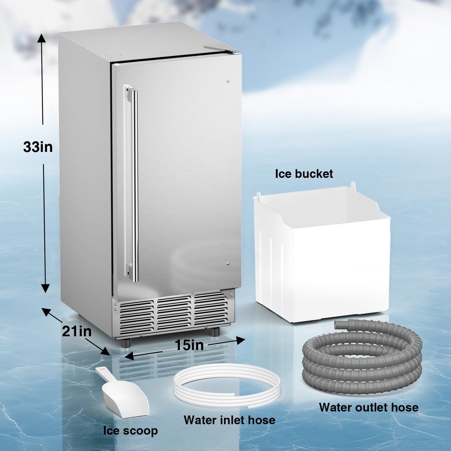 Commercial Ice Machine 85Lbs/24H, Commercial Ice Maker with 30 LBS Storage Bin, Ice Cubes Ready in 5-15 min, Freestanding or Under Counter Ice Maker Machine, Thicknesses Adjustable, Stainless Steel