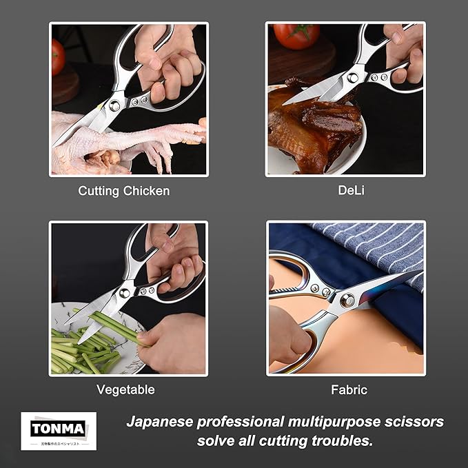 TONMA Kitchen Scissors All Purpose [Made in Japan] Effortless Cutting, Quality Japanese Ergonomic Handle Heavy Duty Poultry Shears for Herbs, Chicken, Food, Office, Leather