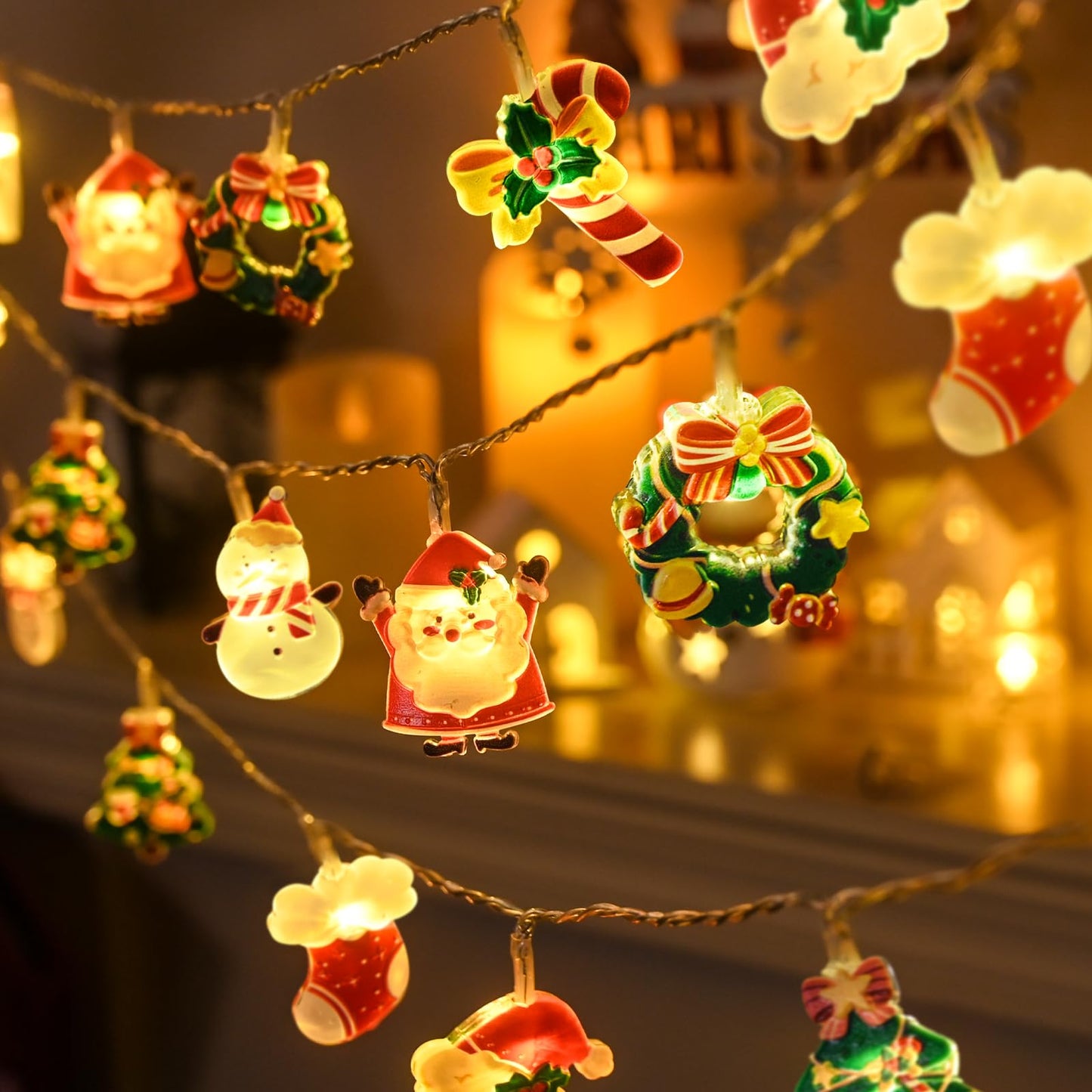 LOLStar Christmas Fairy String Lights, 20 LED Xmas Warm White Lights Hanging Decors with Santa Claus Wreath Tree Snowman Candy C