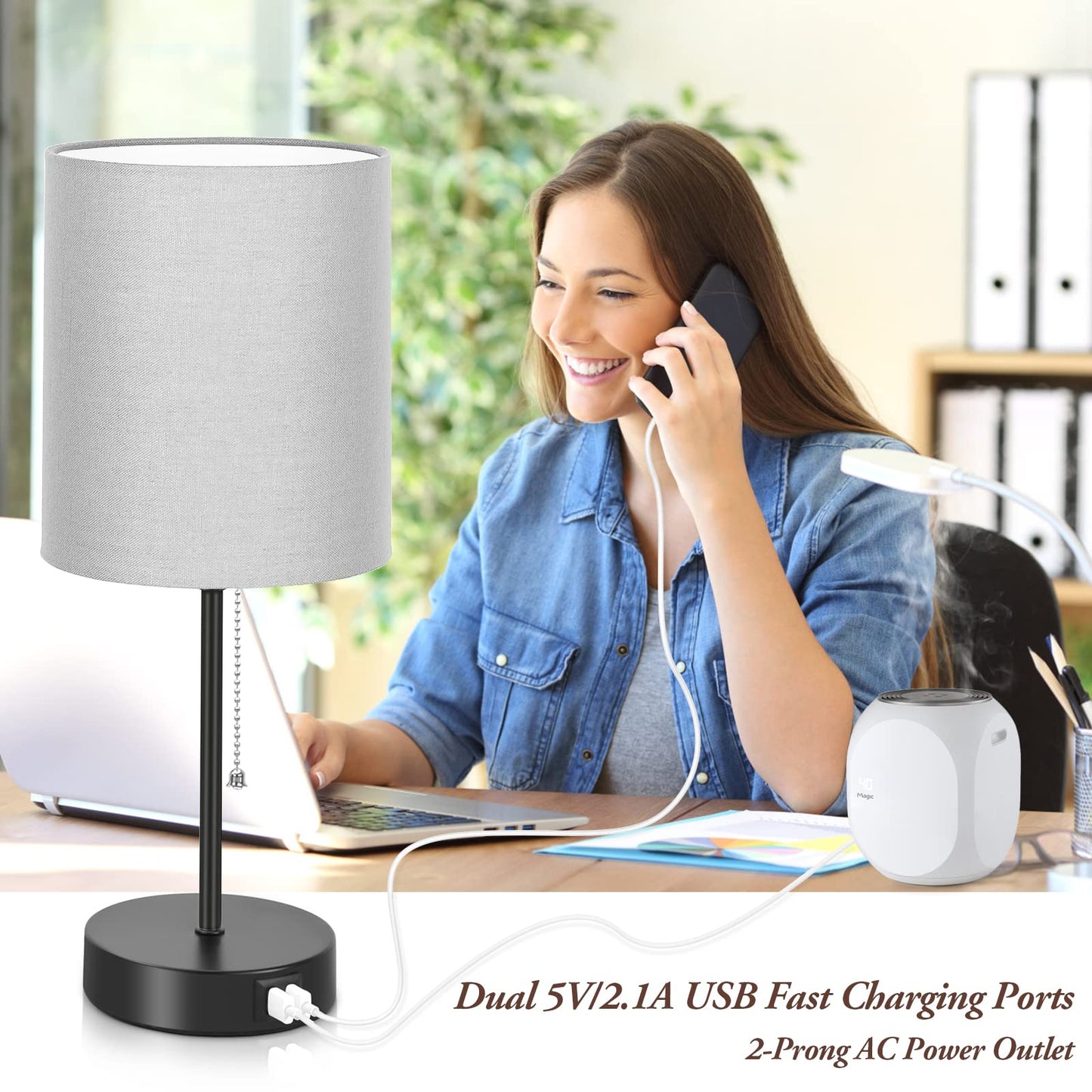 Bosceos Table Lamps Set of 2, Grey Fabric Shade, USB Charging Ports, AC Outlet, Modern Design, Model T0412 BK+GY