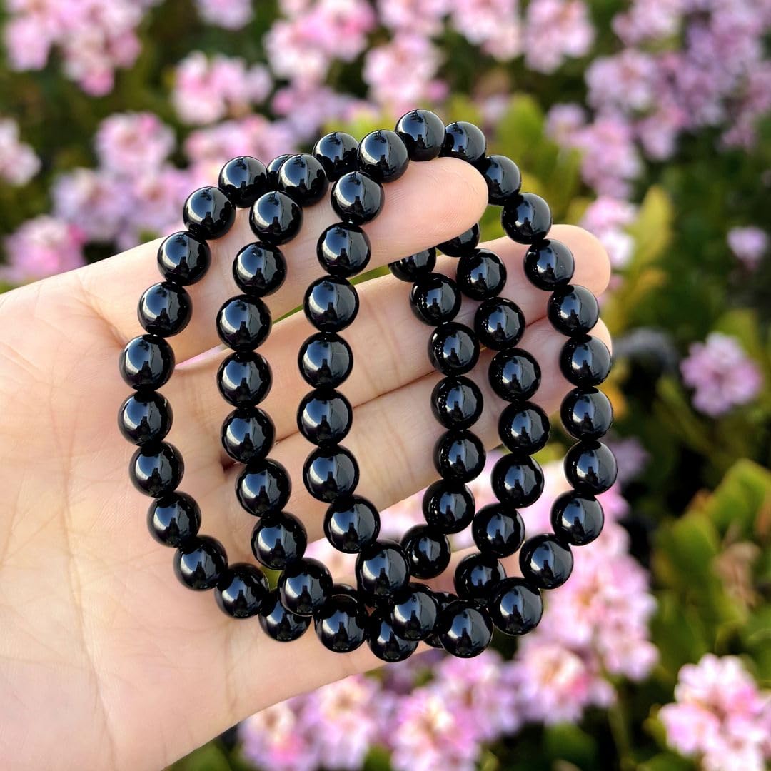 Adabele Real Natural Black Agate Gemstone Beaded Bracelet 7.5 inch Stretch Chakra Healing Crystal Stone Jewelry Women Mom Gift (