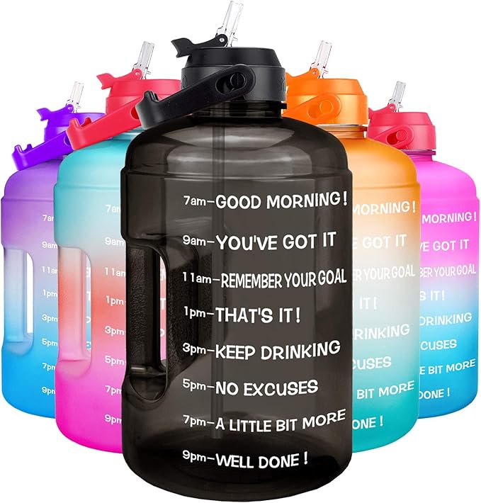 QuiFit 1 Gallon Water Bottle - with Straw & Motivational Time Marker Leak-Proof BPA Free Reusable Gym Sports Outdoor Large(128OZ) Capacity Water Jug(Black,1 Gallon)
