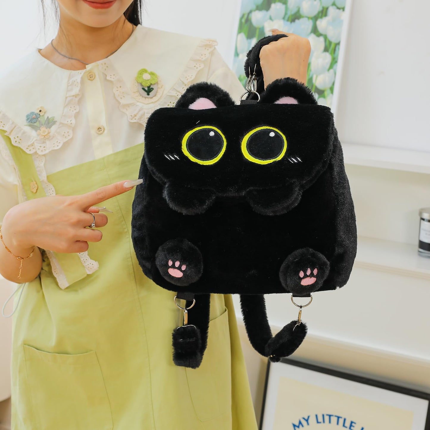Ueeksry Cute Plush Black Cat Backpack, Plush Cat Bag, Stuffed Animal Backpack, Shoulder Bag Crossbody Bag, Cute Cartoon Bag for Girls Women