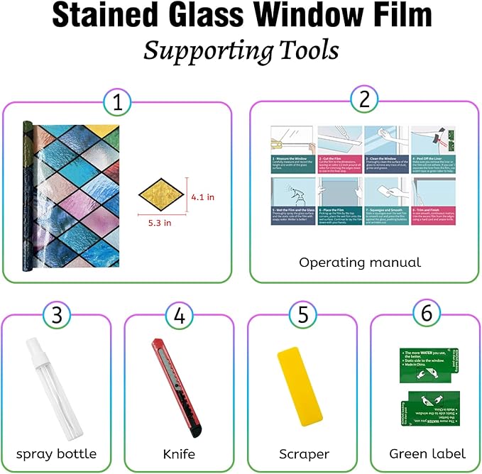 QHY Sunshine Colorful Rainbow Stained Glass Window Film Non-Adhesive Window Privacy Film Reusable Decorative for Room (Chequered Rainbow, 17.5 X 78.7 in)