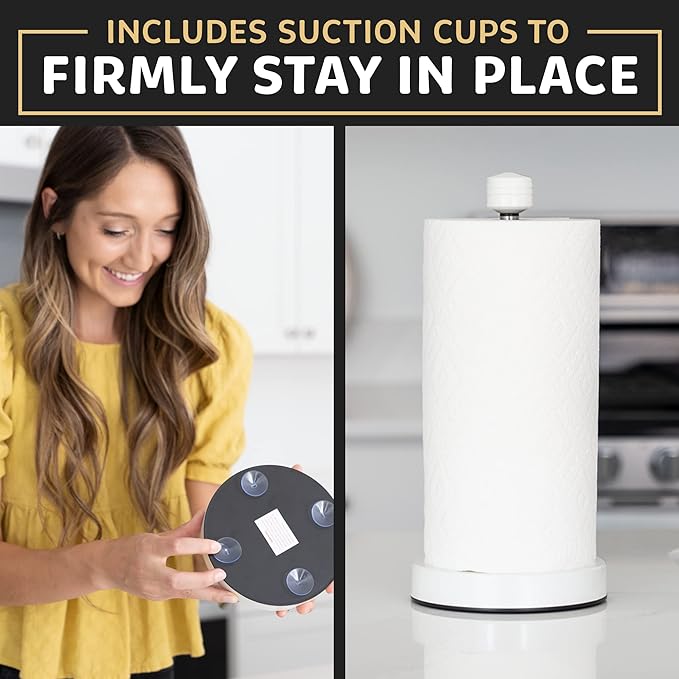 Dear Household Stainless Steel Paper Towel Holder Easy One-Handed Operation - This Sturdy Weighted Paper Towel Dispenser Countertop Model Has Suction Cups and Holds All Paper Towel Rolls - White