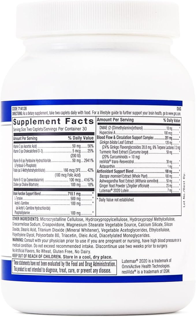 GNC Preventive Nutrition Brain Health Formula, 60 Caplets, Supports Memory Function and Enhances Circulation