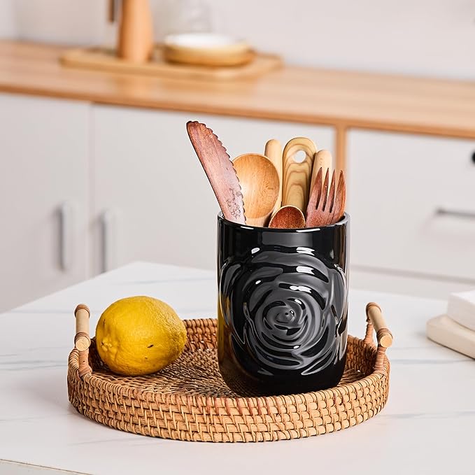 Large Utensil Holder Set of 2, 7.5"+ 5.5" - Ceramic Rose Kitchen Countertop Utensil Crock for Spatulas, Spoons & Cooking Tools, Farmhouse Kitchen Counter Decor, Black