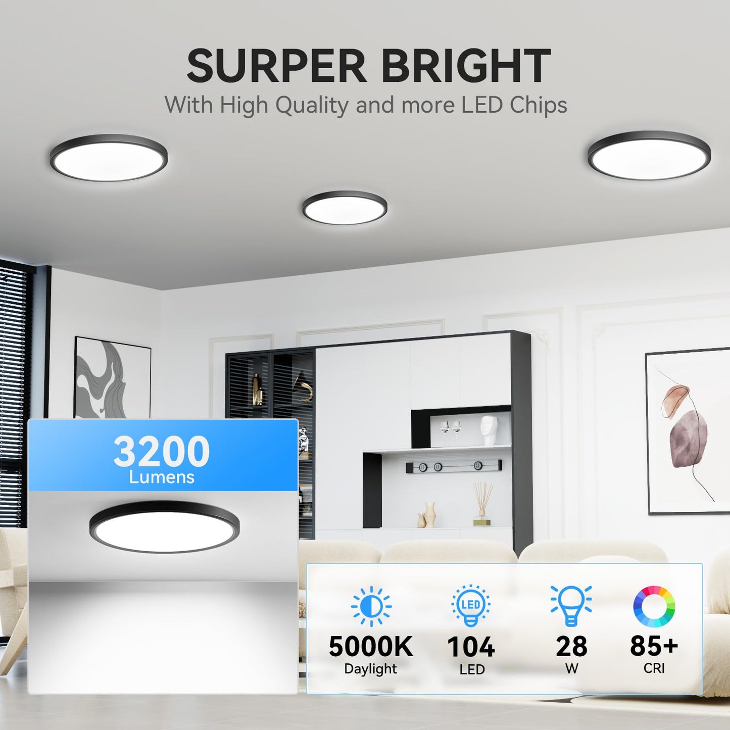 Wkoncldy 3200Lm Led Flush Mount Ceiling Light, 12 Super Slim, 5000K, Black, 8 Pack