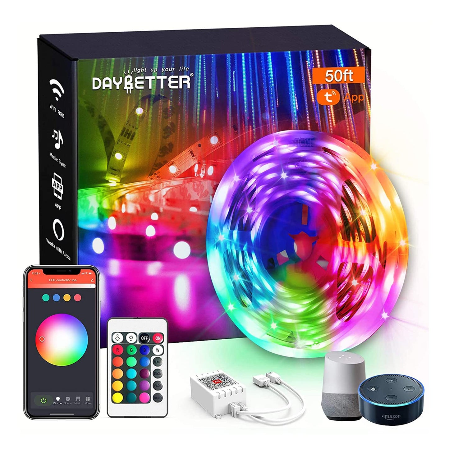 DAYBETTER Smart WiFi LED Strip Lights, 50ft, Multicolor, Tuya App Controlled, Works with Alexa & Google Assistant, Model FLSL501115WIFITY