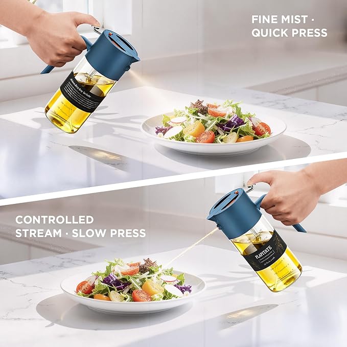 17oz/500ml Premium Olive Oil Sprayer for Cooking, 2 in 1 Glass Olive Oil Dispenser Bottle for Kitchen Gadgets, Spray Bottle with Portion Control for Salad, Frying, BBQ (Blue)