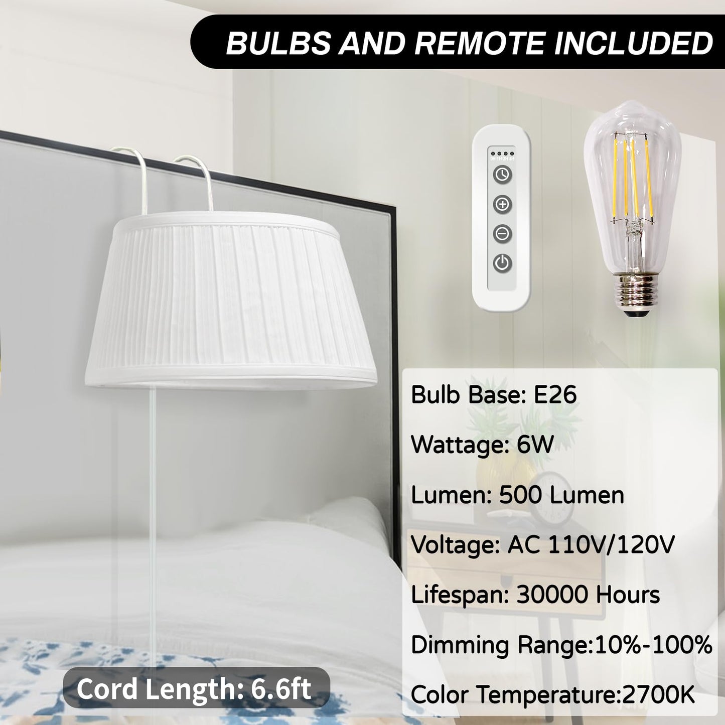 NITOWOLF Bed Reading Light, Headboard Light Reading Lights for Books in Bed with Adjustable Hook, Eye Caring Soft Fabric Shade Bedtime Reading Lamp Plug in, LED Bulb Included (White)