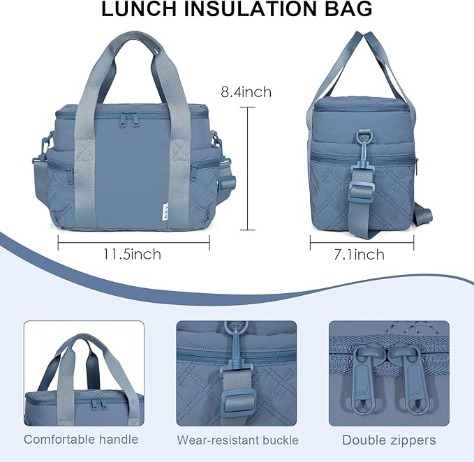 NOL Natural Organic Lifestyle Women's Nylon Lunch Cooler Cute Quilted Lunch Bag Large Leakproof Insulated Lunch Tote Bag for Work Picnic Travel,Dusty blue