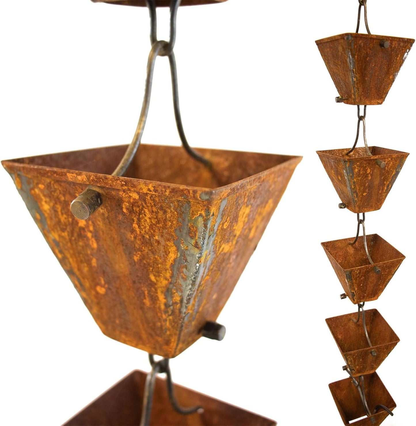 Nutshell Stores Medium Square Cups Rain Chain - Weathered Steel - 19 Feet