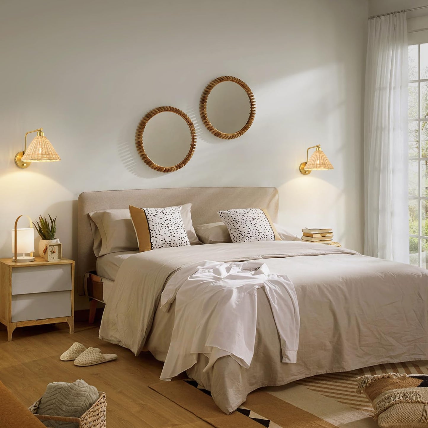 Weaboopre Rattan Plug In Wall Sconce Set Of 2  Gold Wall Lamps With Plug In Cord And Dimmer  Hand Woven Boho Sconces Swing Arm Wall Mount Light Fixture Beside Lighting For Bedroom  Living Room