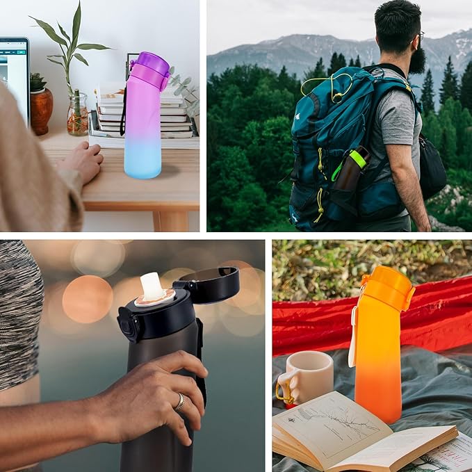 Air Water Bottle with Flavor Pods, 25 OZ Tritan Sports Water Bottle with Straw, Scented Water Bottle with Handle (Black Green+5 Flavor Pods)